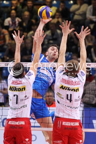  14.11.2012 RZESZOW SIATKOWKA LIGA MISTRZOW MEN CEV VOLLEYBALL CHAMPIONS LEAGUE 2013 MATCH ASSECO RESOVIA RZESZOW - BRE BANCA LANNUTTI CUNEO N/Z TSVETAN SOKOLOV ALEH ACHREM OLIEG AKHREM PIOTR NOWAKOWSKI  