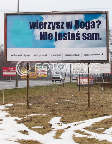  18.12.2012 RZESZOW W MIESCIE POJAWILY SIE ATEISTYCZNE BILBORDY. JUZ DWA RAZY ZOSTALY ZNISZCZONE POPRZEZ WYLANIE NA NICH FARBY N/Z ATEISTYCZNA REKLAMA ZAMALOWANA NIEBIESKA FARBA  