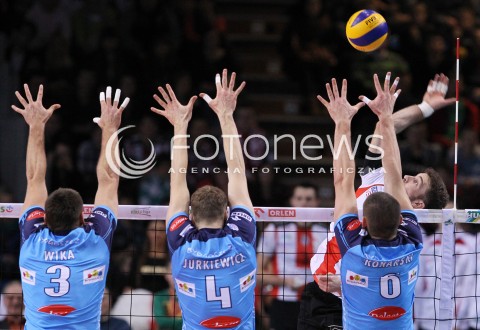 04.01.2013 RZESZOW SIATKOWKA PLUS LIGA 2012/2013 MEN VOLLEYBALL POLAND POLISH PLUSLIGA LEAGUE SEASON 2012/2013 MECZ ASSECO RESOVIA RZESZOW - DELECTA BYDGOSZCZ N/Z NIKOLA KOVACEVIC w 6 WOJCIECH JURKIEWICZ MARCIN WIKA  