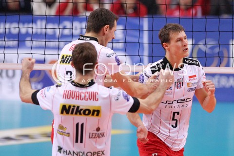 15.01.2013 RZESZOW SIATKOWKA LIGA MISTRZOW <br />MEN CEV VOLLEYBALL CHAMPIONS LEAGUE 2013 MATCH ASSECO RESOVIA RZESZOW - LUBE BANCA MARCHE MACERATA <br />N/Z LUKAS TICHACEK WOJCIECH GRZYB NIKOLA KOVACEVIC RADOSC  