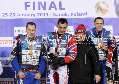  26.01.2013 SANOK ZUZEL NA LODZIE<br />FINAL DRUZYNOWYCH MISTRZOSTW SWIATA W ZUZLU NA LODZIE 2013<br />FIM TEAM ICE SPEEDWAY GLADIATORS WORLD CHAMPIONSHIP<br />N/Z DANIIL IVANOV ( RUSSIA ) DMITRY KOLTAKOV ( RUSSIA ) NIKOLAY KRASNIKOV ( RUSSIA ) RADOSC  