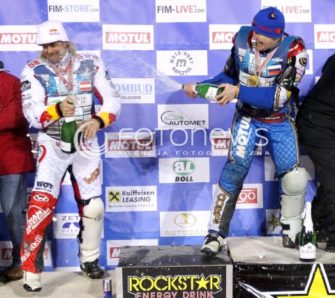  26.01.2013 SANOK ZUZEL NA LODZIE<br />FINAL DRUZYNOWYCH MISTRZOSTW SWIATA W ZUZLU NA LODZIE 2013<br />FIM TEAM ICE SPEEDWAY GLADIATORS WORLD CHAMPIONSHIP<br />N/Z FRANZ ZORN ( AUSTRIA ) NIKOLAY KRASNIKOV ( RUSSIA ) RADOSC  