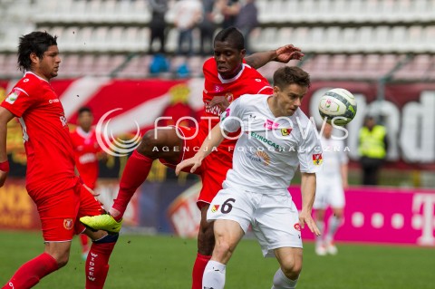  04.05.2013 LODZ PILKA NOZNA T-MOBILE EKSTRAKLASA SEZON 2012/2013 FOOTBALL POLISH EKSTRAKLASA SEASON WIDZEW LODZ - JAGIELLONIA BIALYSTOK N/Z DAWID PLIZGA THOMAS PHIBEL  