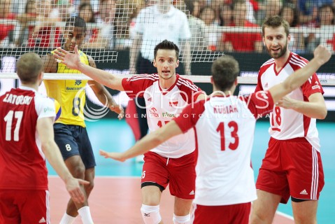  07.06.2013 WARSZAWA TORWAR<br />SIATKOWKA MEZCZYZN LIGA SWIATOWA 2013<br />FIVB VOLLEYBALL WORLD LEAGUE 2012 POLSKA - BRAZYLIA ( POLAND - BRAZIL )<br />N/Z LUKASZ ZYGADLO MARCIN MOZDZONEK PAWEL ZATORSKI MICHAL KUBIAK RADOSC<br />  