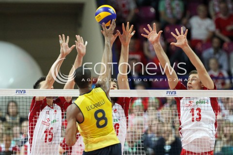  07.06.2013 WARSZAWA TORWAR<br />SIATKOWKA MEZCZYZN LIGA SWIATOWA 2013<br />FIVB VOLLEYBALL WORLD LEAGUE 2012 POLSKA - BRAZYLIA ( POLAND - BRAZIL )<br />N/Z LUKASZ ZYGADLO MICHAL KUBIAK RICARDO LUCARELLI SANTOS DE SOUZA <br />  