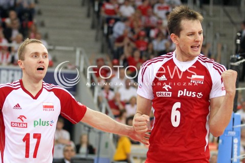  09.06.2013 LODZ ATLAS ARENA<br />SIATKOWKA MEZCZYZN LIGA SWIATOWA 2013<br />FIVB VOLLEYBALL WORLD LEAGUE 2012 POLSKA - BRAZYLIA ( POLAND - BRAZIL )<br />N/Z PAWEL ZATORSKI BARTOSZ KUREK RADOSC EMOCJE <br /> 