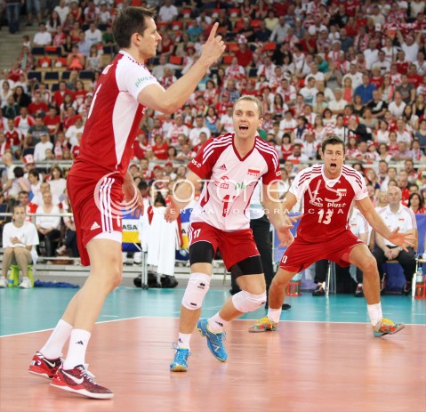  09.06.2013 LODZ ATLAS ARENA<br />SIATKOWKA MEZCZYZN LIGA SWIATOWA 2013<br />FIVB VOLLEYBALL WORLD LEAGUE 2012 POLSKA - BRAZYLIA ( POLAND - BRAZIL )<br />N/Z PAWEL ZATORSKI MICHAL KUBIAK BARTOSZ KUREK  RADOSC EMOCJE <br /> 