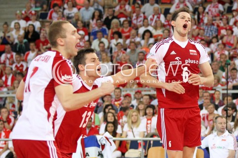  09.06.2013 LODZ ATLAS ARENA<br />SIATKOWKA MEZCZYZN LIGA SWIATOWA 2013<br />FIVB VOLLEYBALL WORLD LEAGUE 2012 POLSKA - BRAZYLIA ( POLAND - BRAZIL )<br />N/Z MICHAL KUBIAK BARTOSZ KUREK PAWEL ZATORSKI RADOSC EMOCJE <br /> 