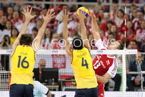 09.06.2013 LODZ ATLAS ARENA<br />SIATKOWKA MEZCZYZN LIGA SWIATOWA 2013<br />FIVB VOLLEYBALL WORLD LEAGUE 2012 POLSKA - BRAZYLIA ( POLAND - BRAZIL )<br />N/Z MICHAL KUBIAK LUCAS SAATKAMP WALLACE DE SOUZA <br /> 