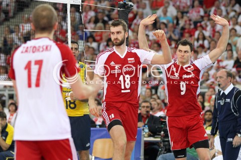 09.06.2013 LODZ ATLAS ARENA<br />SIATKOWKA MEZCZYZN LIGA SWIATOWA 2013<br />FIVB VOLLEYBALL WORLD LEAGUE 2012 POLSKA - BRAZYLIA ( POLAND - BRAZIL )<br />N/Z ZBIGNIEW BARTMAN MARCIN MOZDZONEK PAWEL ZATORSKI RADOSC EMOCJE <br /> 