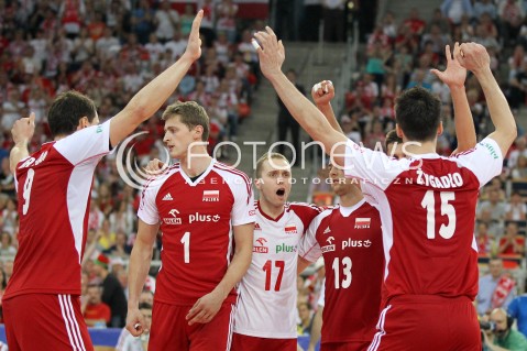  09.06.2013 LODZ ATLAS ARENA<br />SIATKOWKA MEZCZYZN LIGA SWIATOWA 2013<br />FIVB VOLLEYBALL WORLD LEAGUE 2012 POLSKA - BRAZYLIA ( POLAND - BRAZIL )<br />N/Z PAWEL ZATORSKI PIOTR NOWAKOWSKI MICHAL KUBIAK RADOSC EMOCJE<br /> 
