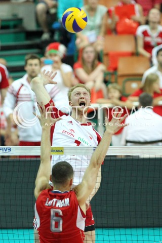  05.07.2013 KATOWICE SPODEK<br />SIATKOWKA MEZCZYZN LIGA SWIATOWA 2013<br />FIVB VOLLEYBALL WORLD LEAGUE 2013 POLSKA - USA <br />N/Z JAKUB JAROSZ PAUL LOTMAN  <br /> 