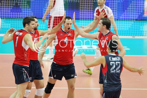  05.07.2013 KATOWICE SPODEK<br />SIATKOWKA MEZCZYZN LIGA SWIATOWA 2013<br />FIVB VOLLEYBALL WORLD LEAGUE 2013 POLSKA - USA <br />N/Z DAVID LEE KYLE CALDWELL ERIK SHOJI MATTHEW ANDERSON RADOSC EMOCJE  <br /> 