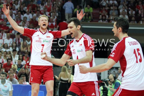  05.07.2013 KATOWICE SPODEK<br />SIATKOWKA MEZCZYZN LIGA SWIATOWA 2013<br />FIVB VOLLEYBALL WORLD LEAGUE 2013 POLSKA - USA <br />N/Z JAKUB JAROSZ GRZEGORZ KOSOK LUKASZ ZYGADLO RADOSC EMOCJE  <br /> 