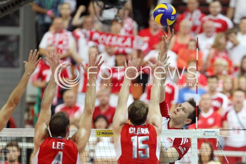  05.07.2013 KATOWICE SPODEK<br />SIATKOWKA MEZCZYZN LIGA SWIATOWA 2013<br />FIVB VOLLEYBALL WORLD LEAGUE 2013 POLSKA - USA <br />N/Z BARTOSZ KUREK DAVID LEE CARSON CLARK  <br /> 