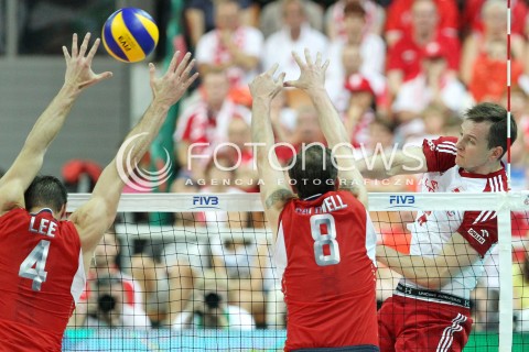  05.07.2013 KATOWICE SPODEK<br />SIATKOWKA MEZCZYZN LIGA SWIATOWA 2013<br />FIVB VOLLEYBALL WORLD LEAGUE 2013 POLSKA - USA <br />N/Z BARTOSZ KUREK KYLE CALDWELL DAVID LEE  <br /> 