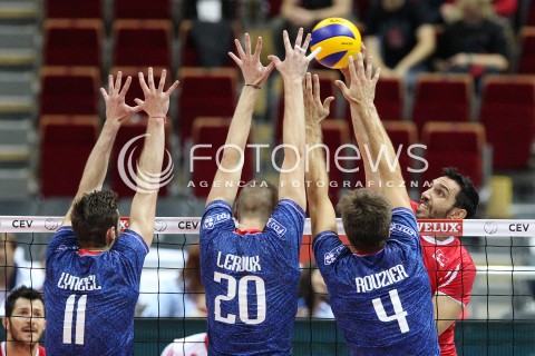  22.09.2013 GDANSK ERGO ARENA<br />SIATKOWKA MEZCZYZN<br />MISTRZOSTWA EUROPY W SIATKOWCE MEZCZYZN 2013 CEV VELUX<br />VOLLEYBALL EUROPEAN CHAMPIONSHIP MEN 2013 - FINAL ROUND <br />GRUPA B ( GROUP B )<br />TURCJA - FRANCJA ( TURKEY - FRANCE )<br />N/Z CAN AYVAZOGLU JULIEN LYNEEL KEVIN LE ROUX ANTONIN ROUZIER <br /> 