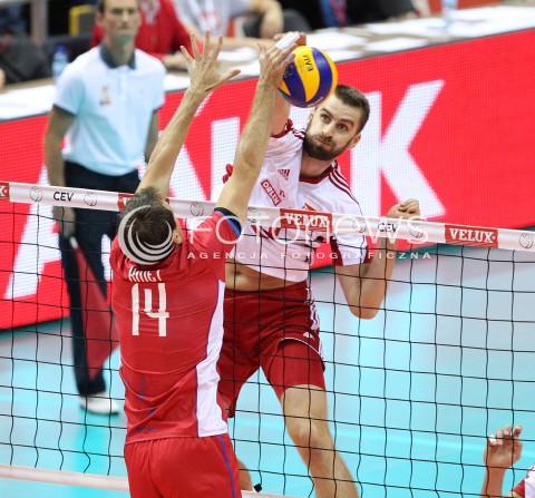  22.09.2013 GDANSK ERGO ARENA<br />SIATKOWKA MEZCZYZN<br />MISTRZOSTWA EUROPY W SIATKOWCE MEZCZYZN 2013 CEV VELUX<br />VOLLEYBALL EUROPEAN CHAMPIONSHIP MEN 2013 - FINAL ROUND <br />GRUPA B ( GROUP B )<br />POLSKA - SLOWACJA ( POLSKA - SLOWACJA )<br />N/Z MARCIN MOZDZONEK TOMAS KMET <br /> 