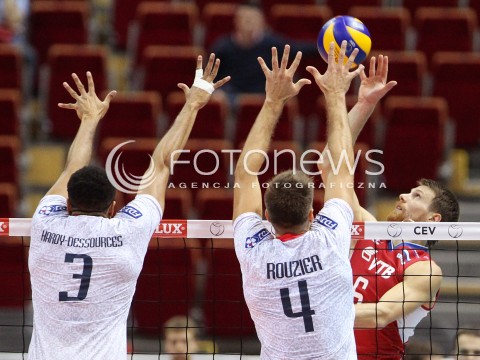  25.09.2013 GDANSK ERGO ARENA<br />SIATKOWKA MEZCZYZN<br />MISTRZOSTWA EUROPY W SIATKOWCE MEZCZYZN 2013 CEV VELUX<br />VOLLEYBALL EUROPEAN CHAMPIONSHIP MEN 2013 - FINAL ROUND <br />BARAZE O AWANS DO CWIERCFINALU<br />FRANCJA - ROSJA ( FRANCE - RUSSIA )<br />N/Z EVGENY SIVOZHELEZ GERALD HARDY-DESSOURCES ANTONIN ROUZIER <br /> 