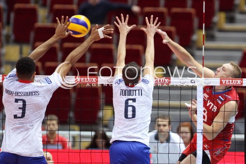  25.09.2013 GDANSK ERGO ARENA<br />SIATKOWKA MEZCZYZN<br />MISTRZOSTWA EUROPY W SIATKOWCE MEZCZYZN 2013 CEV VELUX<br />VOLLEYBALL EUROPEAN CHAMPIONSHIP MEN 2013 - FINAL ROUND <br />BARAZE O AWANS DO CWIERCFINALU<br />FRANCJA - ROSJA ( FRANCE - RUSSIA )<br />N/Z ALEXEY SPIRIDONOV GERALD HARDY-DESSOURCES BENJAMIN TONIUTTI <br /> 