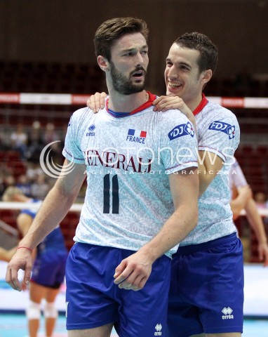  25.09.2013 GDANSK ERGO ARENA<br />SIATKOWKA MEZCZYZN<br />MISTRZOSTWA EUROPY W SIATKOWCE MEZCZYZN 2013 CEV VELUX<br />VOLLEYBALL EUROPEAN CHAMPIONSHIP MEN 2013 - FINAL ROUND <br />BARAZE O AWANS DO CWIERCFINALU<br />FRANCJA - ROSJA ( FRANCE - RUSSIA )<br />N/Z JULIEN LYNEEL BENJAMIN TONIUTTI RADOSC EMOCJE <br /> 