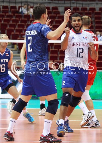  25.09.2013 GDANSK ERGO ARENA<br />SIATKOWKA MEZCZYZN<br />MISTRZOSTWA EUROPY W SIATKOWCE MEZCZYZN 2013 CEV VELUX<br />VOLLEYBALL EUROPEAN CHAMPIONSHIP MEN 2013 - FINAL ROUND <br />BARAZE O AWANS DO CWIERCFINALU<br />FRANCJA - ROSJA ( FRANCE - RUSSIA )<br />N/Z JENIA GREBENNIKOV EARVIN NGAPETH RADOSC EMOCJE <br /> 
