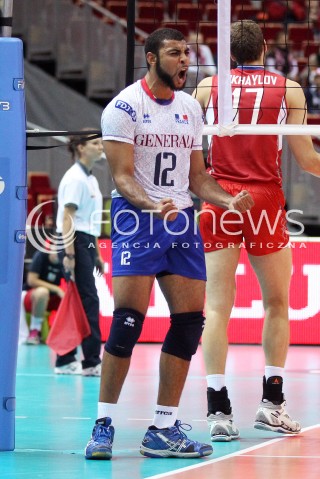  25.09.2013 GDANSK ERGO ARENA<br />SIATKOWKA MEZCZYZN<br />MISTRZOSTWA EUROPY W SIATKOWCE MEZCZYZN 2013 CEV VELUX<br />VOLLEYBALL EUROPEAN CHAMPIONSHIP MEN 2013 - FINAL ROUND <br />BARAZE O AWANS DO CWIERCFINALU<br />FRANCJA - ROSJA ( FRANCE - RUSSIA )<br />N/Z EARVIN NGAPETH SYLWETKA RADOSC EMOCJE <br /> 