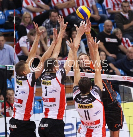  04.10.2013 RZESZOW<br />SIATKOWKA MEZCZYZN<br />MECZ TOWARZYSKI<br />ASSECO RESOVIA - JASTRZEBSKI WEGIEL<br />N/Z MICHAL LASKO PAUL LOTMAN WOJCIECH GRZYB FABIAN DRZYZGA <br /> 