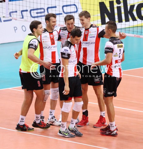  04.10.2013 RZESZOW<br />SIATKOWKA MEZCZYZN<br />MECZ TOWARZYSKI<br />ASSECO RESOVIA - JASTRZEBSKI WEGIEL<br />N/Z JOCHEN SCHOPS PIOTR NOWAKOWSKI PETER VERES PAUL LOTMAN FABIAN DRZYZGA RADOSC EMOCJE <br /> 