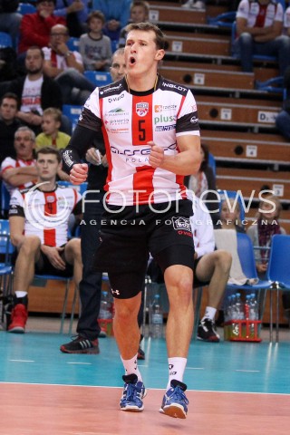  04.10.2013 RZESZOW<br />SIATKOWKA MEZCZYZN<br />MECZ TOWARZYSKI<br />ASSECO RESOVIA - JASTRZEBSKI WEGIEL<br />N/Z LUKAS TICHACEK RADOSC EMOCJE SYLWETKA<br /> 