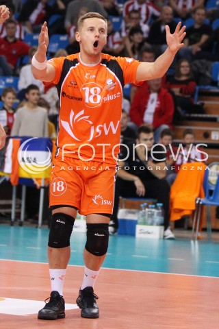  04.10.2013 RZESZOW<br />SIATKOWKA MEZCZYZN<br />MECZ TOWARZYSKI<br />ASSECO RESOVIA - JASTRZEBSKI WEGIEL<br />N/Z DAMIAN WOJTASZEK SYLWETKA RADOSC EMOCJE <br /> 