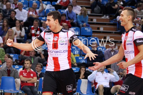  04.10.2013 RZESZOW<br />SIATKOWKA MEZCZYZN<br />MECZ TOWARZYSKI<br />ASSECO RESOVIA - JASTRZEBSKI WEGIEL<br />N/Z FABIAN DRZYZGA PAUL LOTMAN RADOSC EMOCJE <br /> 