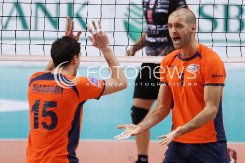  30.10.2013 RZESZOW POLAND<br />SIATKOWKA LIGA MISTRZOW MEN CEV VOLLEYBALL CHAMPIONS LEAGUE 2013 MATCH<br />ASSECO RESOVIA - BUDVANSKA RIVIJERA BUDVA<br />N/Z VOJIN CACIC MARCO FALASCHI RADOSC EMOCJE <br /> 