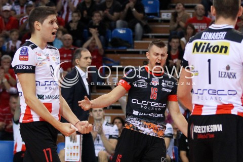  30.10.2013 RZESZOW POLAND<br />SIATKOWKA LIGA MISTRZOW MEN CEV VOLLEYBALL CHAMPIONS LEAGUE 2013 MATCH<br />ASSECO RESOVIA - BUDVANSKA RIVIJERA BUDVA<br />N/Z KRZYSZTOF IGNACZAK PETER VERES DAWID KONARSKI RADOSC EMOCJE <br /> 