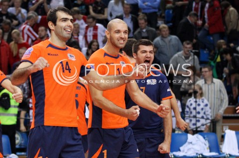  30.10.2013 RZESZOW POLAND<br />SIATKOWKA LIGA MISTRZOW MEN CEV VOLLEYBALL CHAMPIONS LEAGUE 2013 MATCH<br />ASSECO RESOVIA - BUDVANSKA RIVIJERA BUDVA<br />N/Z ALEKSANDAR MINIC VOJIN CACIC IVAN RASOVIC RADOSC EMOCJE <br /> 