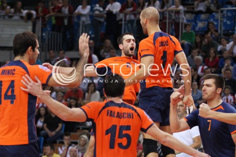  30.10.2013 RZESZOW POLAND<br />SIATKOWKA LIGA MISTRZOW MEN CEV VOLLEYBALL CHAMPIONS LEAGUE 2013 MATCH<br />ASSECO RESOVIA - BUDVANSKA RIVIJERA BUDVA<br />N/Z MARKO BOJIC VOJIN CACIC MARCO FALASCHI ALEKSANDAR MINIC RADOSC EMOCJE <br /> 