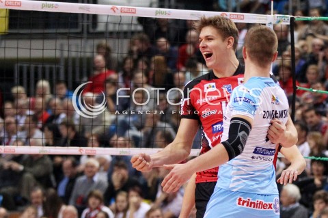  02.11.2013 RZESZOW <br />SIATKOWKA PLUS LIGA 2013/2014 MEN VOLLEYBALL POLAND POLISH PLUSLIGA LEAGUE SEASON 2013/2014 <br />MECZ ASSECO RESOVIA RZESZOW - TRANSFER BYDGOSZCZ<br />N/Z LUKASZ PERLOWSKI MICHAL KEDZIERSKI RADOSC EMOCJE <br /> 