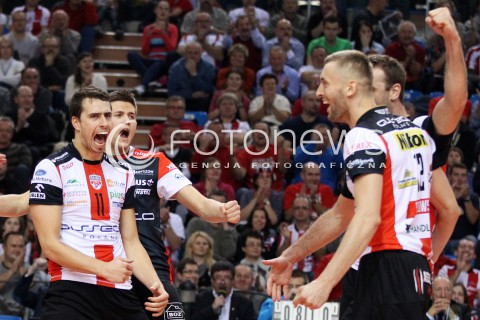  16.11.2013 RZESZOW <br />SIATKOWKA PLUS LIGA 2013/2014 MEN VOLLEYBALL POLAND POLISH PLUSLIGA LEAGUE SEASON 2013/2014 <br />MECZ ASSECO RESOVIA RZESZOW - AZS POLITECHNIKA WARSZAWSKA <br />N/Z FABIAN DRZYZGA MATEUSZ MASLOWSKI LUKASZ PERLOWSKI RADOSC EMOCJE <br /> 