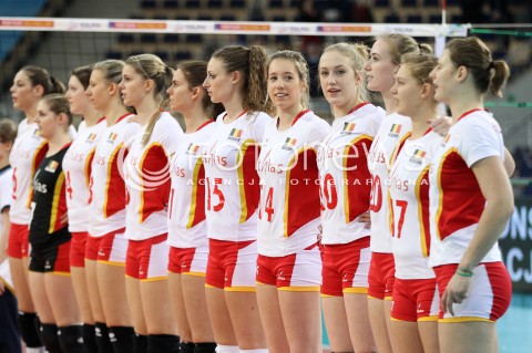 03.01.2014 LODZ ATLAS ARENA<br />SIATKOWKA KOBIET<br />KWALIFIKACJE DO MISTRZOSTW SWIATA 2014<br />2014 FIVB WORLD CHAMPIONSHIP - EUROPEAN QUALIFICATION WOMEN <br />MECZ HISZPANIA - BELGIA ( SPAIN - BELGIUM )<br />N/Z ILKA VAN DE VYVER LISE VAN HECKE HELENE ROUSSEAUX LORE GILLIS MAUD CATRY <br /> 