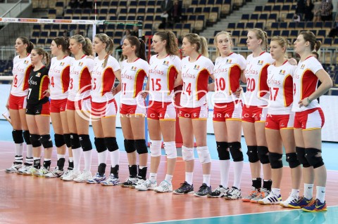  03.01.2014 LODZ ATLAS ARENA<br />SIATKOWKA KOBIET<br />KWALIFIKACJE DO MISTRZOSTW SWIATA 2014<br />2014 FIVB WORLD CHAMPIONSHIP - EUROPEAN QUALIFICATION WOMEN <br />MECZ HISZPANIA - BELGIA ( SPAIN - BELGIUM )<br />N/Z ILKA VAN DE VYVER LISE VAN HECKE HELENE ROUSSEAUX LORE GILLIS MAUD CATRY LAURA HEYRMAN FRAUKE DIRICKX FREYA AELBRECHT NINA COOLMAN VALERIE COURTOIS CHARLOTTE LEYS <br /> 