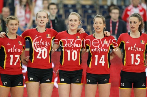  04.01.2014 LODZ ATLAS ARENA<br />SIATKOWKA KOBIET<br />KWALIFIKACJE DO MISTRZOSTW SWIATA 2014<br />2014 FIVB WORLD CHAMPIONSHIP - EUROPEAN QUALIFICATION WOMEN <br />MECZ BELGIA - SZWAJCARIA ( BELGIUM - SWITZERLAND )<br />N/Z ILKA VAN DE VYVER MAUD CATRY LISE VAN HECKE HELENE ROUSSEAUX LORE GILLIS <br /> 