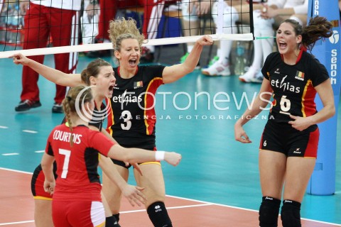  05.01.2014 LODZ ATLAS ARENA<br />SIATKOWKA KOBIET<br />KWALIFIKACJE DO MISTRZOSTW SWIATA 2014<br />2014 FIVB WORLD CHAMPIONSHIP - EUROPEAN QUALIFICATION WOMEN <br />MECZ POLSKA - BELGIA ( POLAND - BELGIUM )<br />N/Z CHARLOTTE LEYS FRAUKE DIRICKX VALERIE COURTOIS RADOSC EMOCJE <br /> 