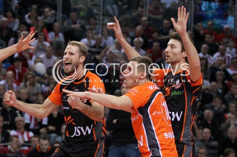  08.01.2014 RZESZOW <br />SIATKOWKA PLUS LIGA 2013/2014 MEN VOLLEYBALL POLAND POLISH PLUSLIGA LEAGUE SEASON 2013/2014 <br />MECZ ASSECO RESOVIA RZESZOW - JASTRZEBSKI WEGIEL <br />N/Z THOMAS JARMOC NICOLAS MARECHAL DAMIAN WOJTASZEK RADOSC EMOCJE <br /> 
