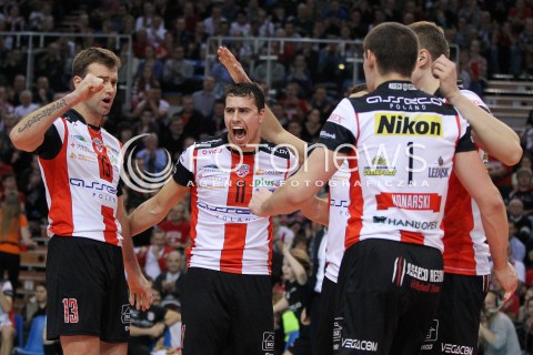  08.01.2014 RZESZOW <br />SIATKOWKA PLUS LIGA 2013/2014 MEN VOLLEYBALL POLAND POLISH PLUSLIGA LEAGUE SEASON 2013/2014 <br />MECZ ASSECO RESOVIA RZESZOW - JASTRZEBSKI WEGIEL <br />N/Z FABIAN DRZYZGA PETER VERES RADOSC EMOCJE <br /> 