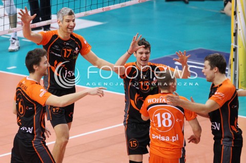 08.01.2014 RZESZOW <br />SIATKOWKA PLUS LIGA 2013/2014 MEN VOLLEYBALL POLAND POLISH PLUSLIGA LEAGUE SEASON 2013/2014 <br />MECZ ASSECO RESOVIA RZESZOW - JASTRZEBSKI WEGIEL <br />N/Z ROB BONTJE DMYTRO FILIPPOV MATEUSZ MALINOWSKI RADOSC EMOCJE <br /> 