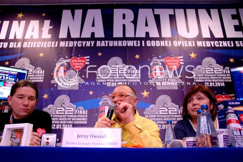  12.01.2014 WARSZAWA<br />
22. FINAL WIELKIEJ ORKIESTRY SWIATECZNEJ POMOCY<br />
N/Z KONFERENCJA PRASOWA JUREK OWSIAK LIDIA NIEDZWIEDZKA OWSIAK<br />
 