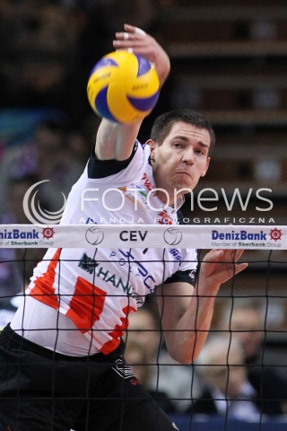  14.01.2014 RZESZOW POLAND <br />SIATKOWKA LIGA MISTRZOW MEN CEV VOLLEYBALL CHAMPIONS LEAGUE 2013/2014 MATCH<br />ASSECO RESOVIA -  KNACK ROESELARE <br />N/Z DAWID KONARSKI SYLWETKA ATAK<br /> 
