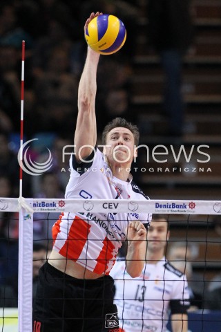  14.01.2014 RZESZOW POLAND <br />SIATKOWKA LIGA MISTRZOW MEN CEV VOLLEYBALL CHAMPIONS LEAGUE 2013/2014 MATCH<br />ASSECO RESOVIA -  KNACK ROESELARE <br />N/Z JOCHEN SCHOPS SYLWETKA ATAK<br /> 