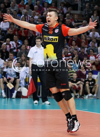  14.01.2014 RZESZOW POLAND <br />SIATKOWKA LIGA MISTRZOW MEN CEV VOLLEYBALL CHAMPIONS LEAGUE 2013/2014 MATCH<br />ASSECO RESOVIA -  KNACK ROESELARE <br />N/Z KRZYSZTOF IGNACZAK SYLWETKA RADOSC EMOCJE <br /> 