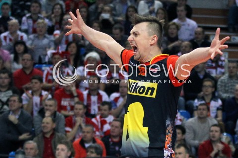  14.01.2014 RZESZOW POLAND <br />SIATKOWKA LIGA MISTRZOW MEN CEV VOLLEYBALL CHAMPIONS LEAGUE 2013/2014 MATCH<br />ASSECO RESOVIA -  KNACK ROESELARE <br />N/Z KRZYSZTOF IGNACZAK SYLWETKA RADOSC EMOCJE <br /> 